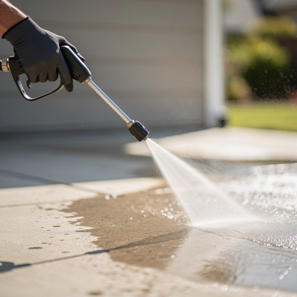 Visions Window Cleaning by JP power washing a driveway in San Diego, CA - professional deep cleaning for homes and businesses